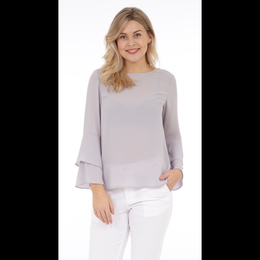 DKR Apparel Chiffon Blouse with Double Ruffle Sleeve-Dove